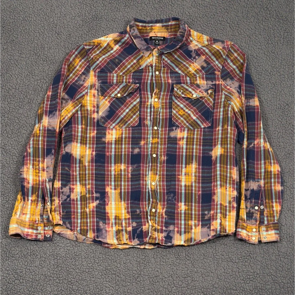 True Religion Shirt Mens 2XL Plaid Western Pearl Snap Rodeo Cowboy Acid Wash Y2K